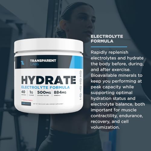 Transparent Labs Hydrate Naturally Sweetened Electrolytes Powder - Hydration Powder Electrolytes with Coconut Water, Calcium, Taurine, & Potassium - 40 Servings, Tropical Punch - Thumbnail 4