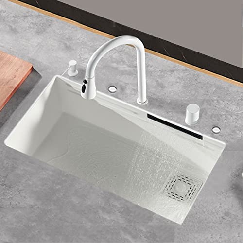 Fregadero de cocina Fregadero en cascada Fregadero individual para el hogar Nuevo fregadero de acero inoxidable 304 blanco Estación de trabajo con grifo Dispensador de jabón, blanco - 75 * 46 cm