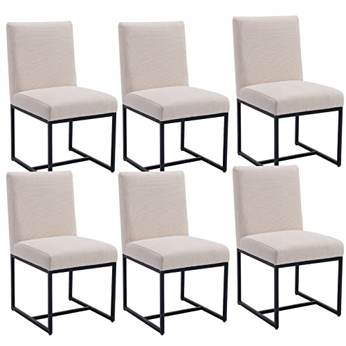 Hny Century Modern Dining Chairs Set Of 6, Linen Fabric Kitchen & Dining Room Chair, Upholstered Dining Chair Side Chair With Black Finish Metal Frame, Cream 6 Pc #TOP9