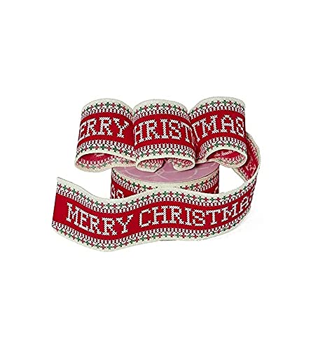 Stitched Merry Christmas Wired Ribbon - 2 1/2" x 10 Yards, Vintage, Red, Green, Cream, White, Gift Wrapping, Wreath Decoration, Garland, Tree Topper Bow, Boxing Day, Fundraiser, Winter Decor