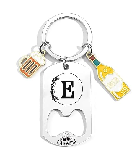QTZXZX Porte-clés Lettre Initiale Prénom Pour Homme Femme Décapsuleur Porte-clés Personnalisé A-Z, Cadeau lettre initiale Idée Cadeau Anniversaire, Porte Clef Maison Lettres Alphabet, Noël (E)