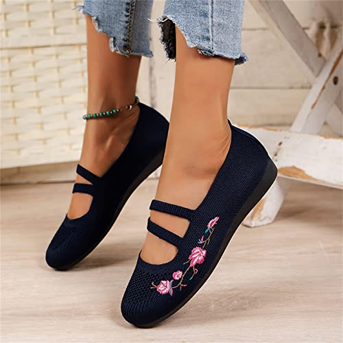 Women's Ballet Flat Shoes Square Toe Knit Slip On Ballerina Walking Flats Dress Shoes for Women Fashion Solid Color Breathable Knitting Flower Embroidery Comfort Casual Dance Shoe3