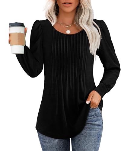 Long Sleeve Shirts for Women Fall Tops Dressy Casual Blouses Pleated Scooped Neck Tunic Tops for Leggings