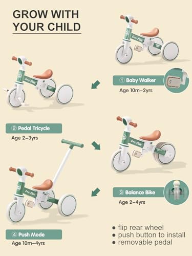 LOL-FUN 5 in 1 Toddler Tricycles for 1-3 Year Olds Boys Girls Toy, Baby Balance Bike 1 Year Old Kids Gift with Parent Steering Push Handle - Thumbnail 3