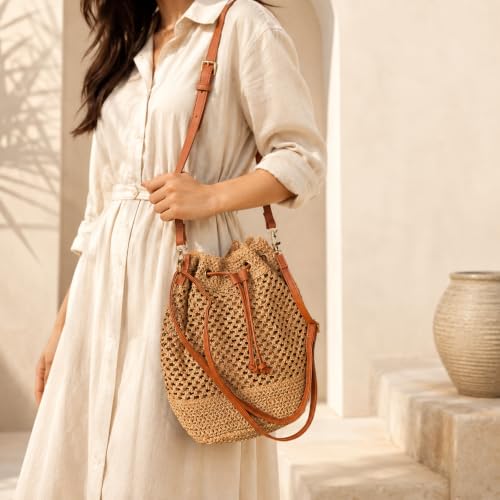 Image of Handmade Woven Straw Bucket Bag for Women Summer Casual Shoulder Purse Boho Style Drawstring Closure Lightweight Crossbody Tote Natural Fiber Beach Bag Travel Accessory with Adjustable Strap