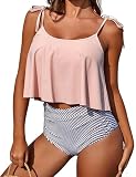 Buauty Tankini Swimsuits for Women Two Piece Ruffled Flounce Top High Waisted Bottom Striped Bathing Suit Tie Straps Pink