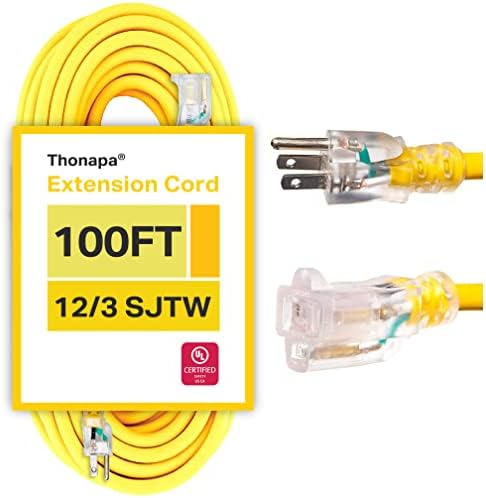 Thonapa 100 Foot Outdoor Extension Cord - 12/3 Heavy Duty Yellow Extension Cable with 3 Prong Grounded Plug for Safety - Great for Garden and Major Appliances