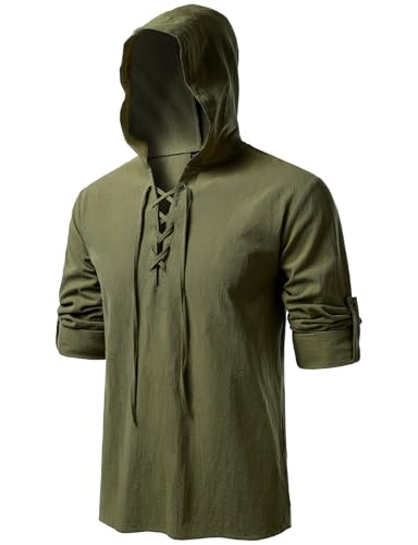JEMITOP Mens Retro Style Renaissance Costume Roll Up Long Sleeve Lace Up Hooded Shirts for Pirate Viking Medieval Halloween Cosplay Clothing Army Green L