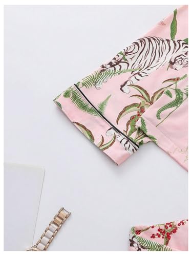 WDIRARA Women's Floral Tiger Print Pajama Set Long Sleeve Button Down Lounge Pants Sets4
