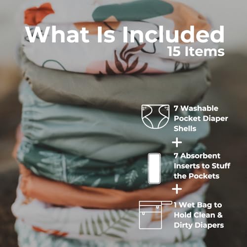 Image of Nora's Nursery Cloth Diapers 7 Pack with 7 Inserts & 1 Wet Bag - Waterproof Cover, Washable, Reusable & One Size Adjustable Pocket Diapers for Newborns and Toddlers - Oasis