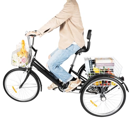 Tagowao 24 pollici 3 ruote triciciclo con due cestini, bici da città a 7 marce, bicicletta regolabile a tre ruote per adulti, uomini adulti, donne e anziani, nero