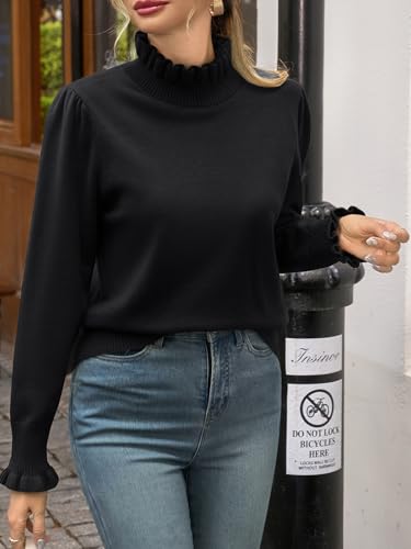 Image of Womens Ruffle Mock Neck Sweater Puff Long Sleeve Fall Trendy Pullover Tops