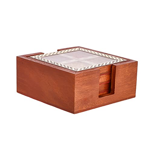 CRAFTAM Gems Stone and Wooden Brass Patti Tea Coasters for hot pots Home Kitchen Dining Table, Office (4 Tea Coasters, 1 Holder Set)