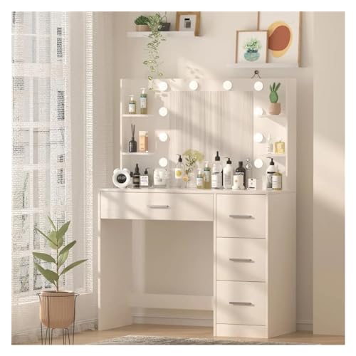 TONDI Vanity Desk, Makeup Vanity with 10 LED Lights & 4 Drawers, Brightness Adjustable, Dressing Table Desk with 6 Shelves,Vanity, White, qz-7461