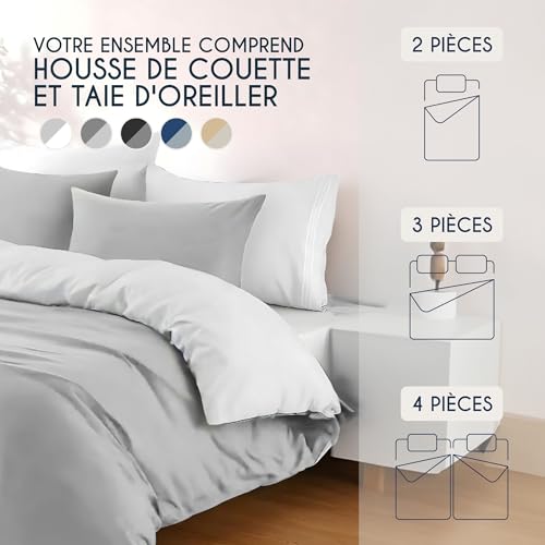 Parure de lit 240x220 gris clair blanche 3 pièces housse de couette microfibre