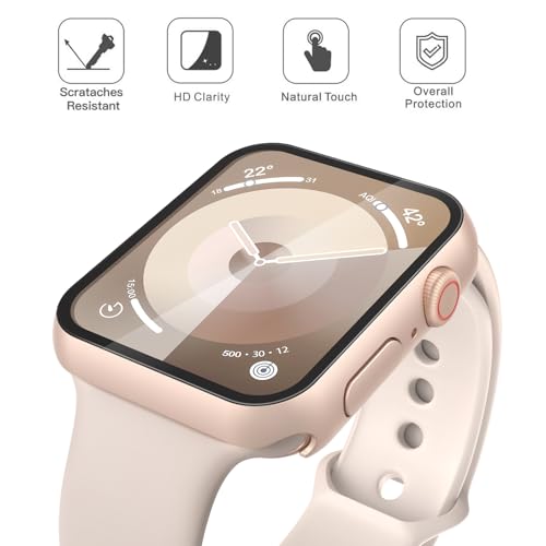 Image of Misxi 2 Pack Tempered Glass Case Compatible for Apple Watch Series 9 Series 8 Series 7 41mm, Hard PC Screen Protector Overall Protection Scratch-Resistant Cover for iWatch, 1 Rose Gold + 1 Transparent