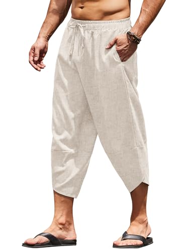 COOFANDY Men's Linen Harem Capri Pants Lightweight Loose 3/4 Shorts Drawstring Elastic Waist Casual Beach Boho Yoga Trousers