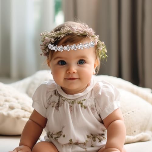 2 Pack Baby Girl White Flower Christening Headbands with Cute Tulle Pearl Hair Strap Elastic Headband, Soft Turban Hair Accessories Set of 2, for Newborns Infants Toddlers2