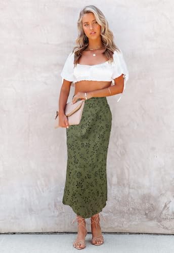 Image of HERBATOMIA Women's Floral Print Midi Skirt Casual High Elastic Waist Zipper Vintage Long Boho Skirts for Women