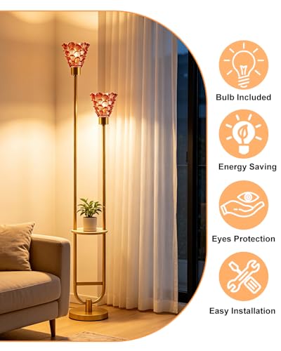 Image of Lightdot Modern Glass Floor Lamp with Shelf 2-Lights Gold Standing Tall Lamps with Pomegranate Red Shell Glass Shade, LED Floor Lamp with Foot Switch for Living Room Bedroom Home Decor