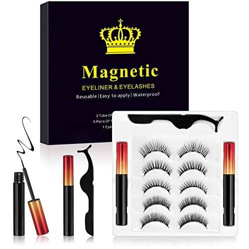 Magnetic Eyelashes,3D Natural Magnetic Eyelashes With Eyeliner Kit,Natural Look Reusable Magnetic Lashes With Eyeliner And Tweezers,5 Pairs Magnetic Eyelash Kit,No Glue Needed (5 Pairs) #TOP5