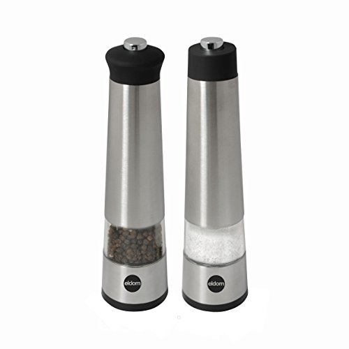 eldom ZMP 4 - Set de Molinillos Eléctricos de Pimienta y Sal y Especies Eléctricos - Jugo de 2 Molinos con Moledor de Cerámica de Calidad, Ajustable | Molido Grueso y Fino | Acero Inoxidable Cover