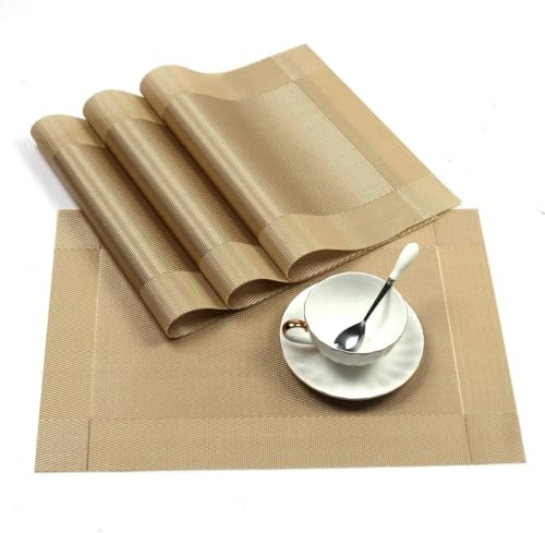 Image of OXSAM Placemats, Heat Insulation Non-Slip Vinyl mats, Stain-Resistant Tablemats for Home and cafe Dining Table Decor (Golden, Pack of 6)