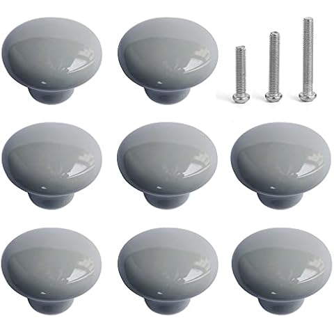 Perphin Ceramic Drawer Knobs, 8 Pack Grey Porcelain Cabinet Knobs for Home Decor, Round Ceramic Dresser Knobs for Kids Room, Cupboard, Nightstand with 3 Sized Screws Cover