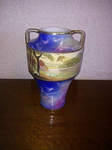 明治期里帰りノリタケM-JAPAN印 HANDPAINTED 湖夕焼け風景花瓶 明治期里帰りノリタケM-JAPAN印 HANDPAINTED 湖夕焼け風景花瓶 明治期