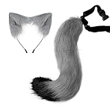 Moyubath Cat Ears Headband Wolf Fox Tail Set Handmade Animal Cosplay Costume Faux Fur Hair Band Headdress Halloween Party Accessories (Gray)