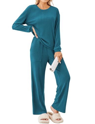 Womens ribbed knit pajama sets with patch pockets