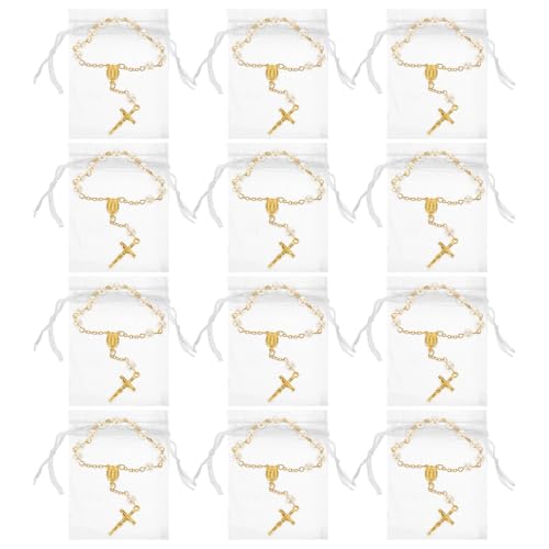 TOYANDONA Pulsera de Rosario Religioso Mini de Cuentas Blancas y Doradas Imitación con Cruz y Perlas 12 Piezas de 7X9 CM para Bautizo Comunión y Ceremonia Católica