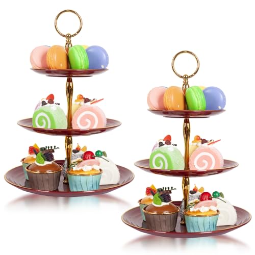 powerking 3 Tier Cupcake Stand Cake Stand, Plastic Tiered Serving Tray for Desserts, Candy, and Treats, Perfect for Birthday Wedding Tea Party (Wine Red, 2Pack)