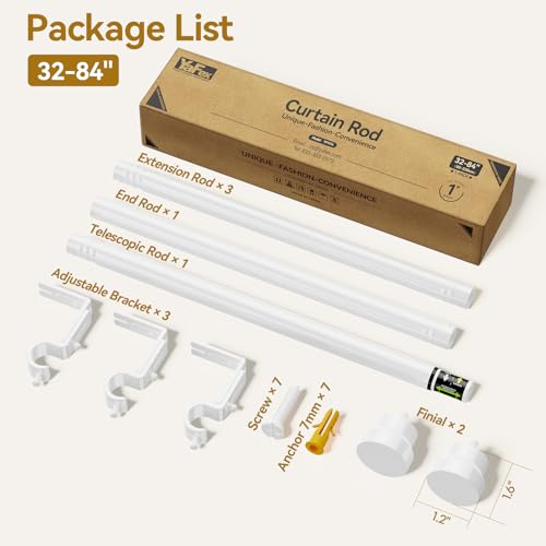 Image of YaFex Curtain Rods 32-84 Inch, Heavy Duty 1 Inch Adjustable Curtain Rod for Windows, White Long Window Treatment Rods, Modern Design, Easy Installation