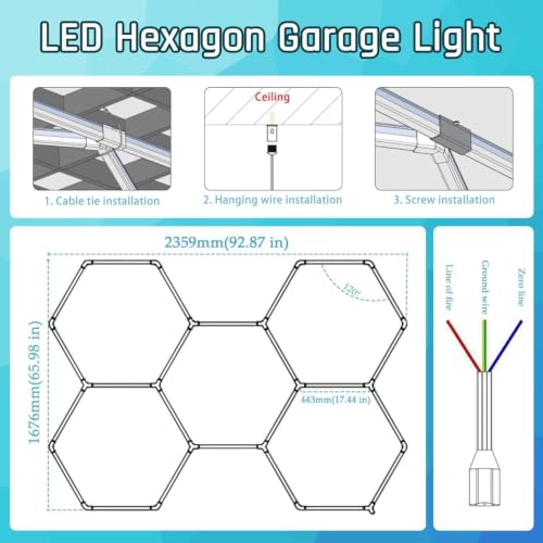 Gneng Hexagon Garage Lights, Ultra Bright LED 6500K 156W 17280LM; Hex Light for Garage Lights Ceiling Led, Barber, Workshop, Basement,Gym(5 Grids Hexagon Light) - image 7