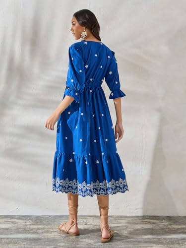 Image of Styli Women Blue V-Neck Wrap Contrast Embroidered Midi Dress | Three-Quarter Sleeves, Flattering Wrap Style, Soft Cotton |Perfect Dress for Casual & Evening Events