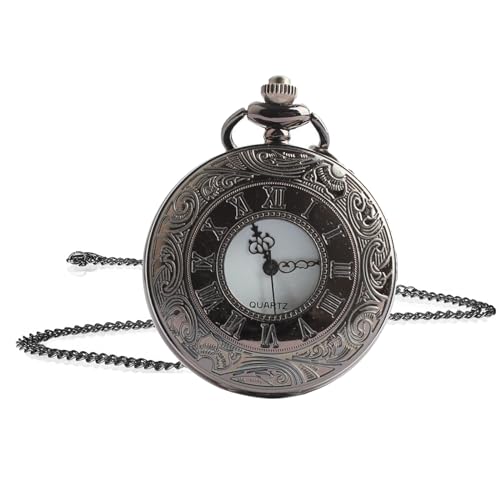 Jinpojun Cadena Reloj de Bolsillo Vintage con Cadena Corta 40CM, Antigua Roma patrón Relojes de Bolsillo para Hombre Mujer, Cumpleaños, Aniversario, Navidad, Día del Padre (Negro)