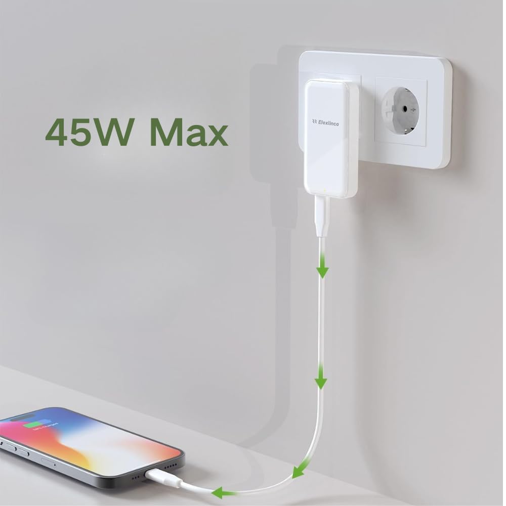 Ładowarka USB C 45 W, płaska ładowarka ścienna USB, ultra cienki adapter zasilający do iPhone 14 15 16 17 Pro/Max Samsung Galaxy, PD Szybka moc zasilania z USB-C USB-A, doskonała kompatybilność