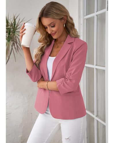 Blazers for Women Ruched 3/4 Sleeve Lightweight Slim Fit Jackets Button Front Business Casual Outfits with Pockets2