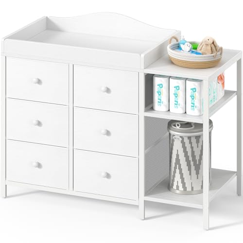 BOLUO Baby Dresser with Changing Table Top, Changing Table Dresser with 6 Fabric Drawers Diaper...