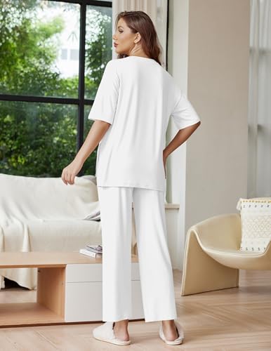 Image of Ekouaer Lounge Sets for Women Short Sleeve Tops and Long Pants Soft Comfy Pajamas Set 2 Piece Outfits