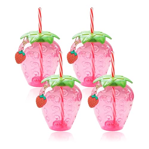 virkwuy 4 Piezas Fresa Vasos de Paja de Plástico, Botella para Beber en Forma de Fresa, Taza de Fresa Forma de Fresa, Adecuada para Agua Potable Diaria, Llevar a Cabo, Se Puede Utilizar en El Hogar