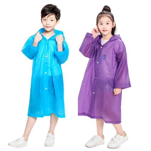 AIDEGER EVA Rain Ponchos for Kids 2 Pack Reusable Raincoats with Hoods and Sleeves Lightweight Rain Jacket (Blue+Purple)