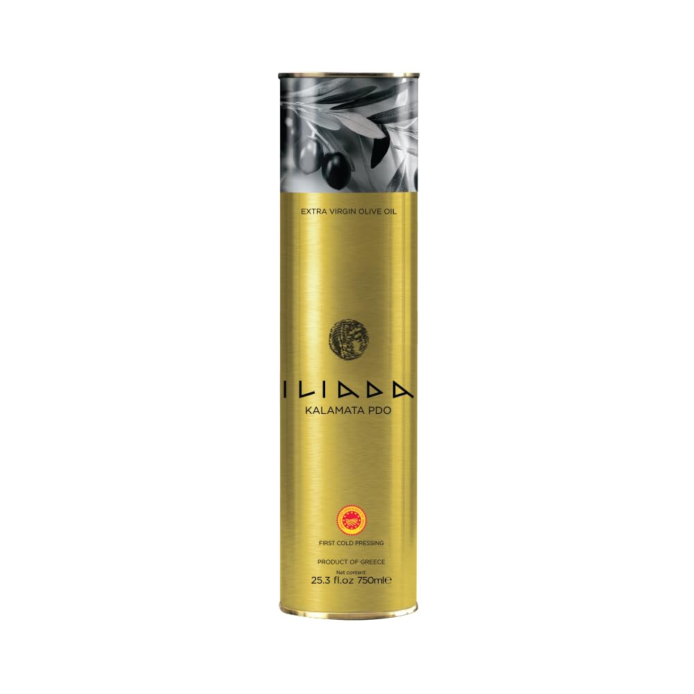 Iliada Kalamata PDO Extra Virgin Olive Oil, 750ml Round Tin | Multi-Awarded | Single Region 100% Greek | Monovarietal Koroneiki | Cold Press | Polyphenol Rich | Chef's Favorite [Pack of 2]