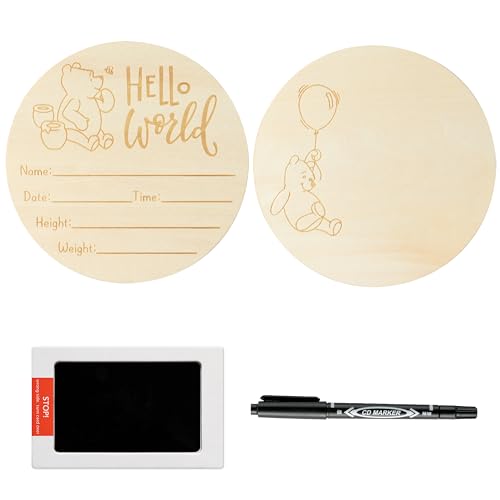 Image of Winnie Baby Birth Announcement Sign with Ink Pad Hello World Wooden Baby Birth Sign with Marker Pen for Hand and Footprints Newborn Bear Round Wood Plaque Welcome Sign for Boys Girls Shower Keepsake