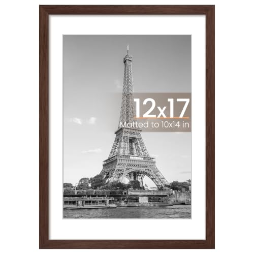 Image of upsimples 12x17 Picture Frame, Display Pictures 10x14 with Mat or 12x17 Without, Wall Hanging Photo Frame, Brown, 1 Pack