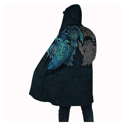 Viking Men Hooded Cloak, Norse Mythology Tattoo 3D Printed, Winter Warm Coat Parka, Horn Button Design Thick Warm Jacke2