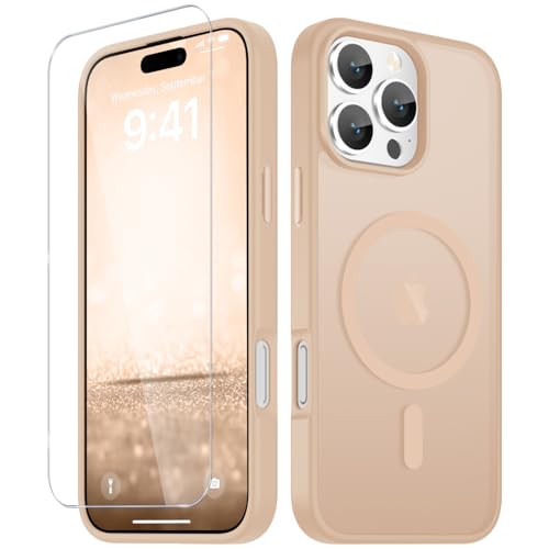 Image of YENAPOON for iPhone 16 Pro Max Case, Matte Magnetic Phone Cover [with 1 Screen Protector] [Support for MagSafe] [Shockproof Military Grade Protection] Translucent Frosted Back, Coral Pink