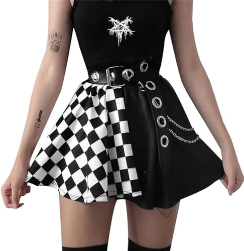 Ruolai High Waisted Patchwork Goth Skirt Checkered A-Line Black Pleated Skirt Mini Skirt Black03 M