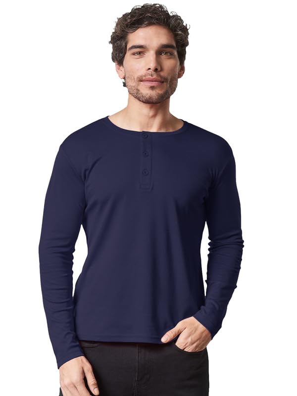 Image of LAZYCHUNKS Regular Fit Solid Super Combed Cotton Rich Henley Neck Full Sleeve Men's T-Shirt